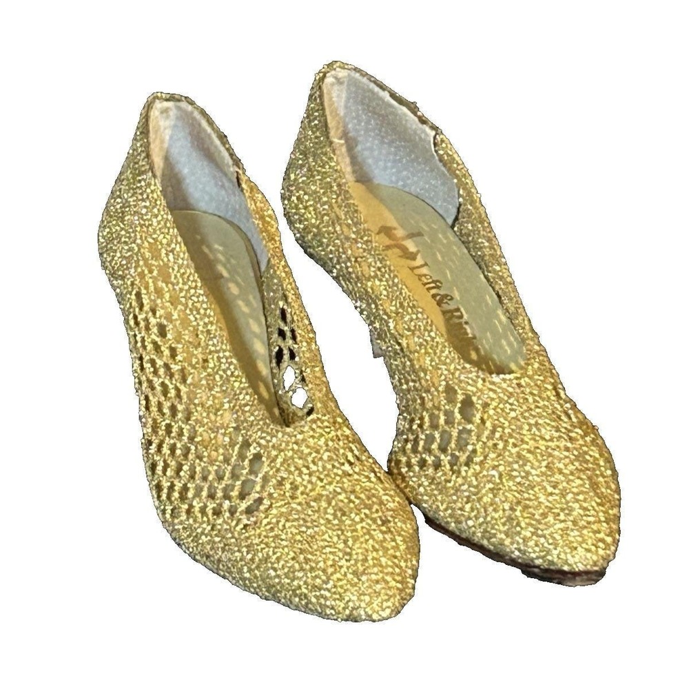 Vintage Gold Crochet Metallic Gold Woven Mesh Gold  Slip On Pumps Heels 7.5